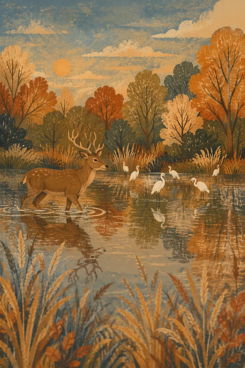 Deer in Autumn Pond Reflection