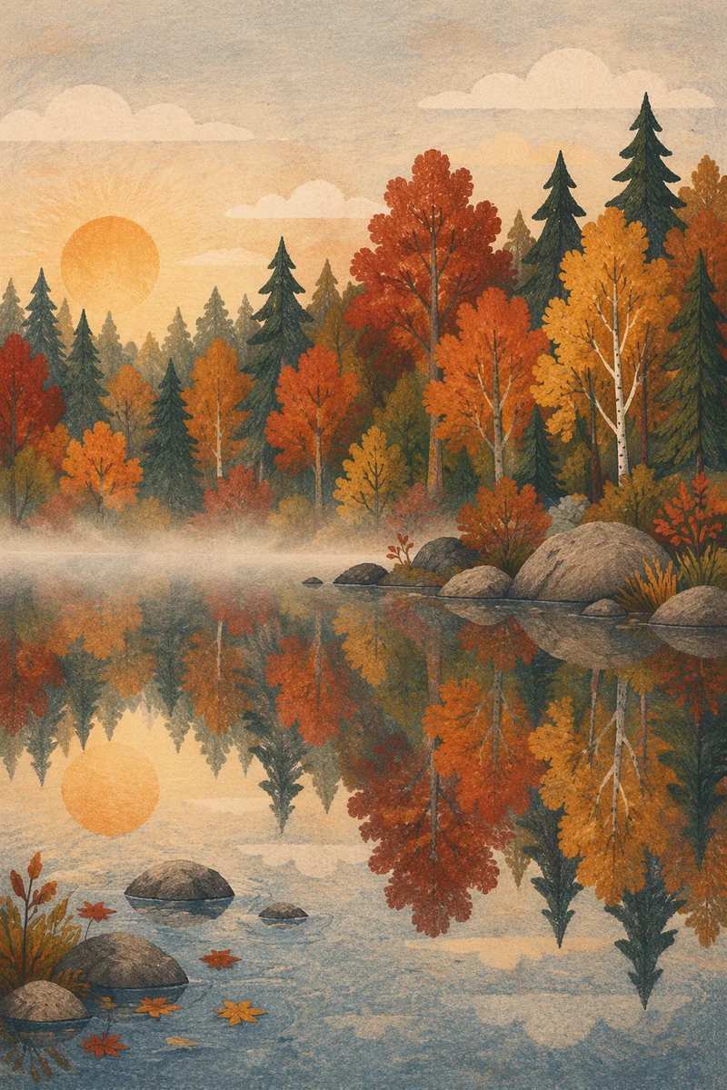Autumn Trees Reflected in Quiet Woodland Pond