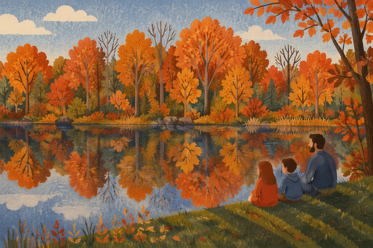 Autumn Trees Reflected in Quiet Woodland Pond