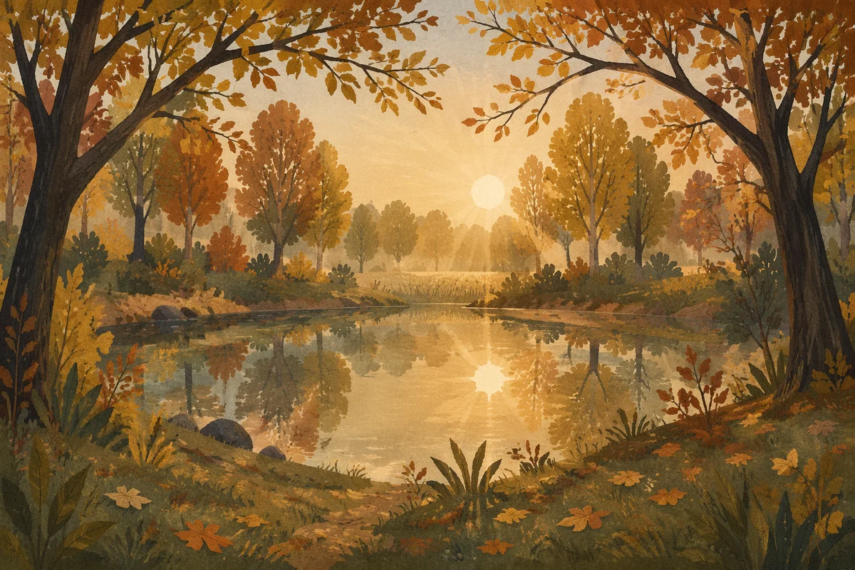 Autumn Trees Reflected in Quiet Woodland Pond