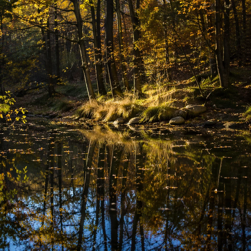 Autumn Trees Reflected in Quiet Woodland Pond