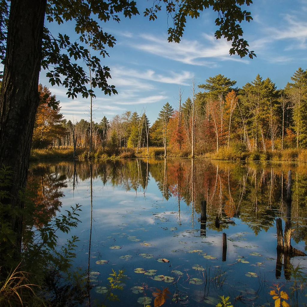 Autumn Trees Reflected in Quiet Woodland Pond