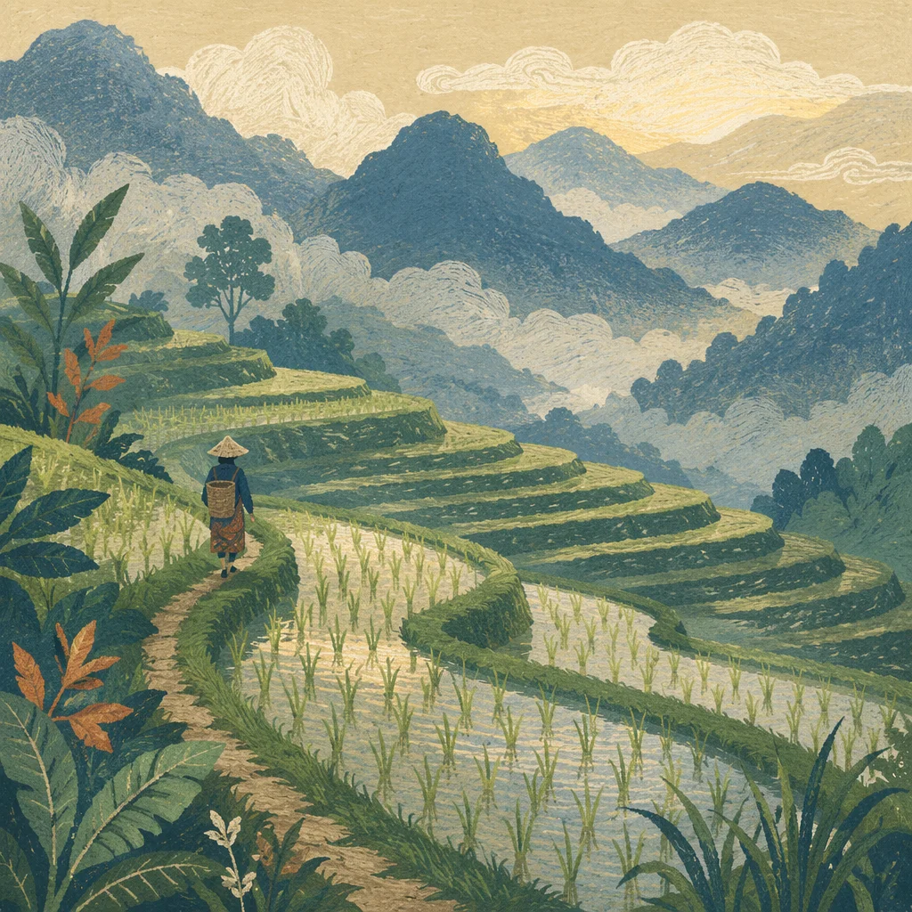 Emerald Rice Terraces on Misty Mountainside