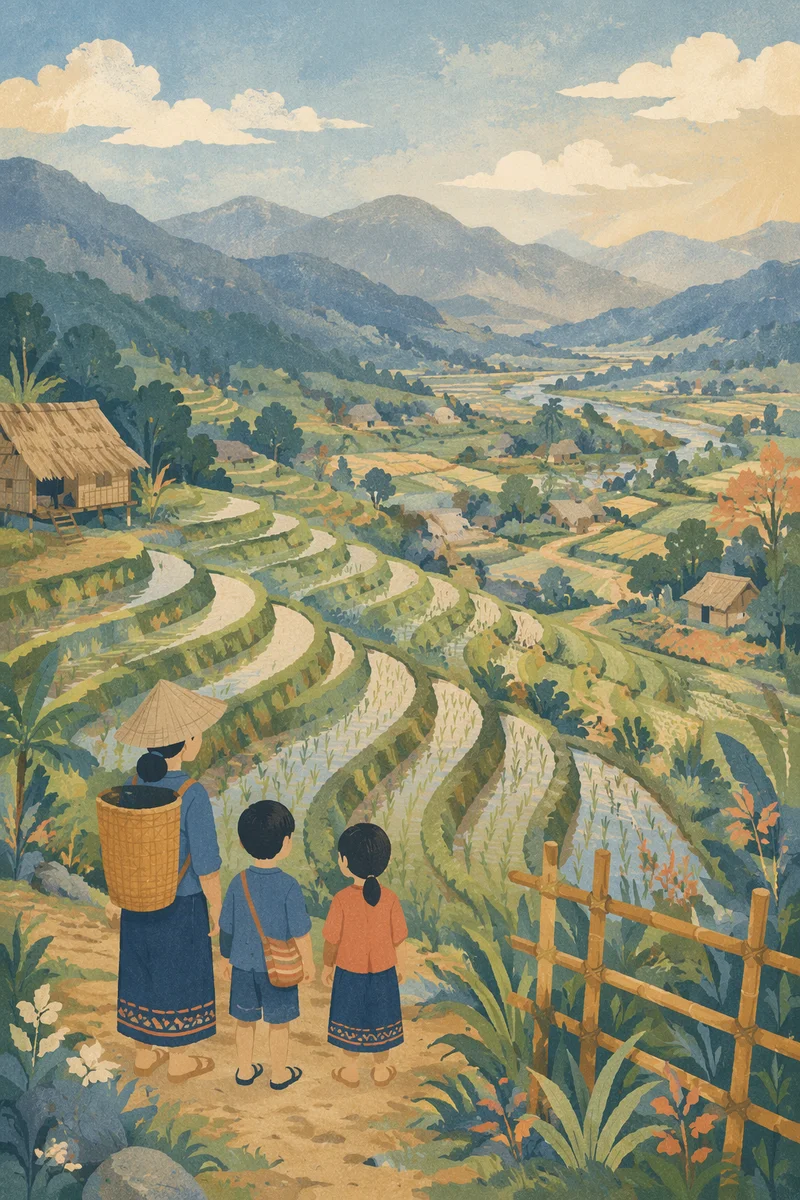 Green Rice Terraces on Misty Mountainside