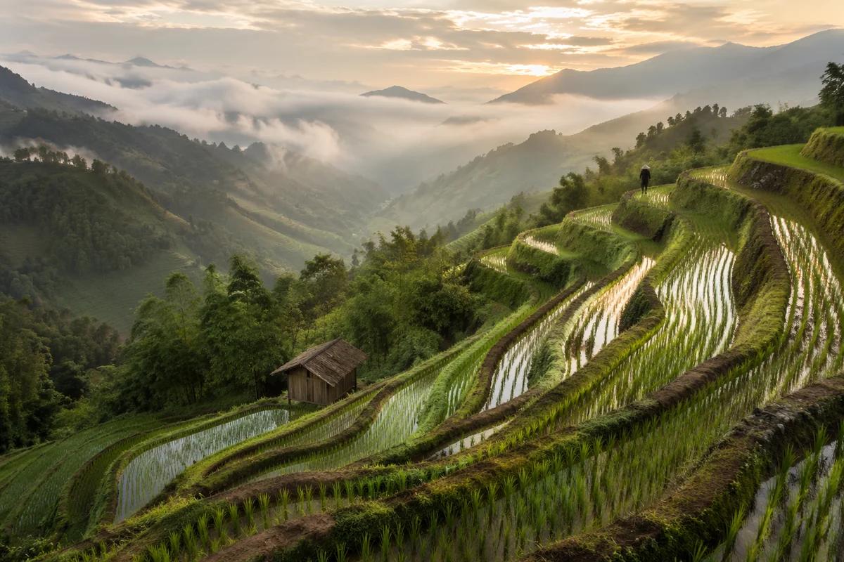 Emerald Rice Terraces at Misty Sunrise