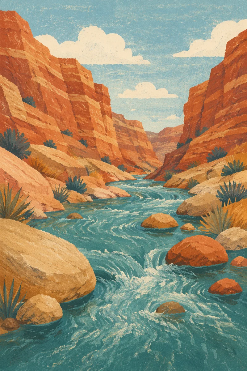 Turquoise River Through Sunlit Canyon Rocks