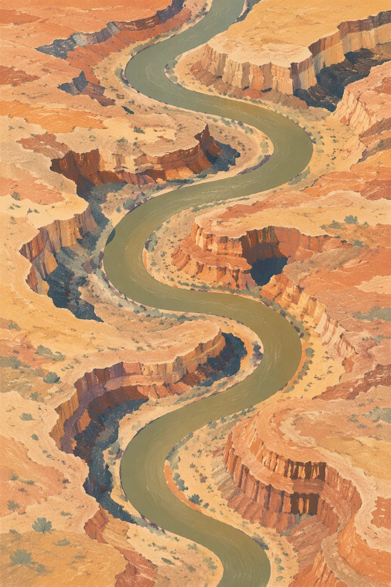 Aerial River Winding Through Desert Canyon