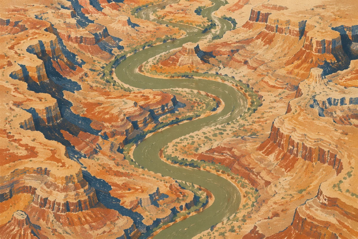Aerial River Curves Through Desert Canyon