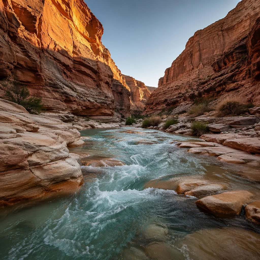 Turquoise River Through Sunlit Canyon Rocks