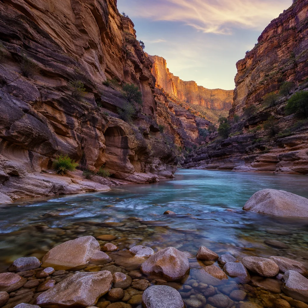 Sunrise River Through Layered Canyon Rocks