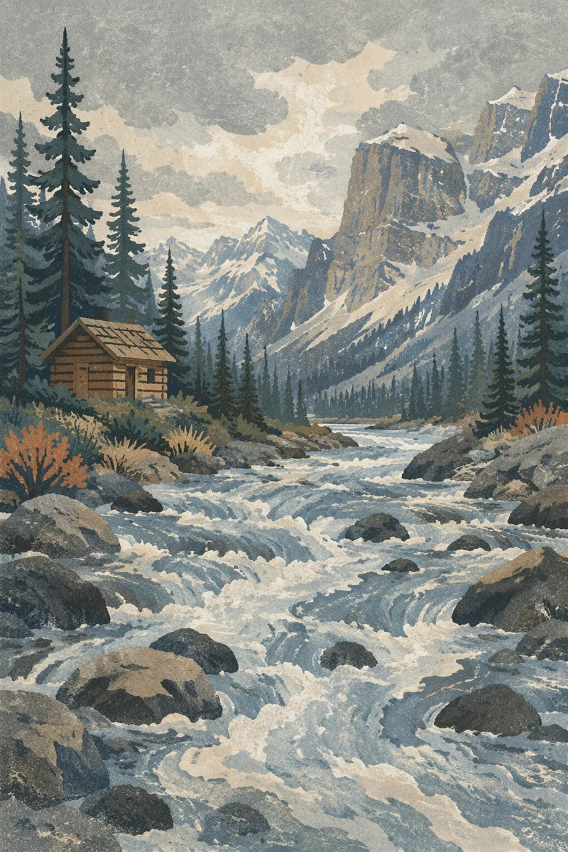 Alpine Whitewater Rapids Through Granite Rocks