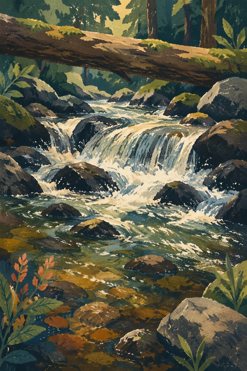 Mountain Stream Rapids Over Dark Rocks
