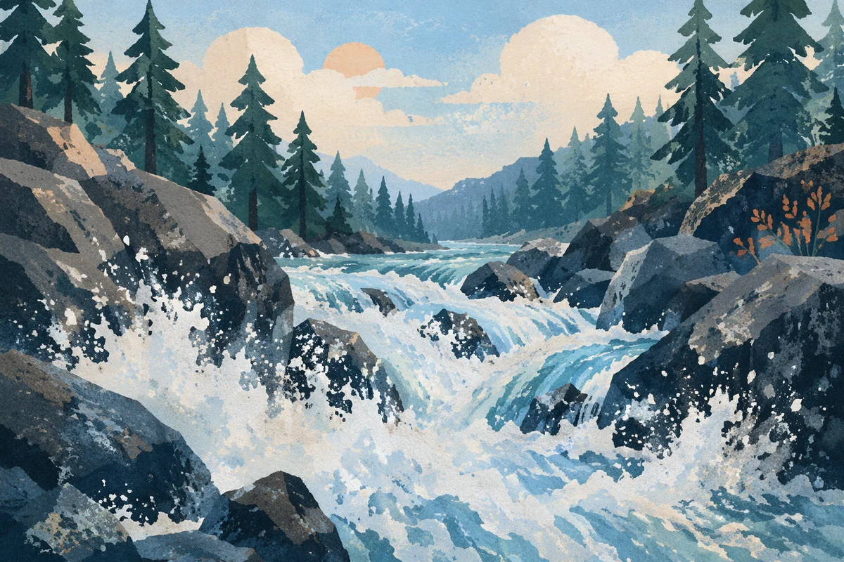 Mountain River Rapids Through Granite Rocks
