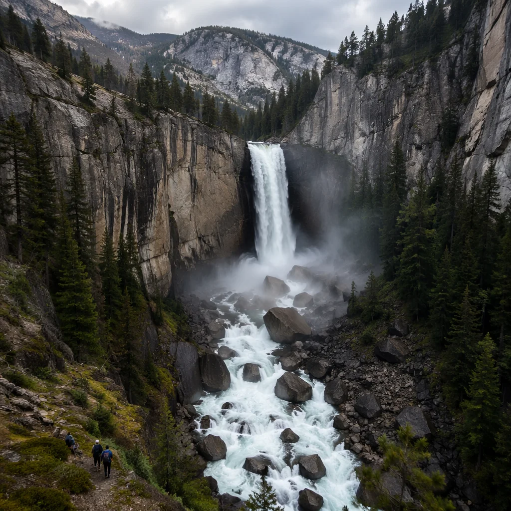 Mountain Rapids Below Misty Granite Cliffs