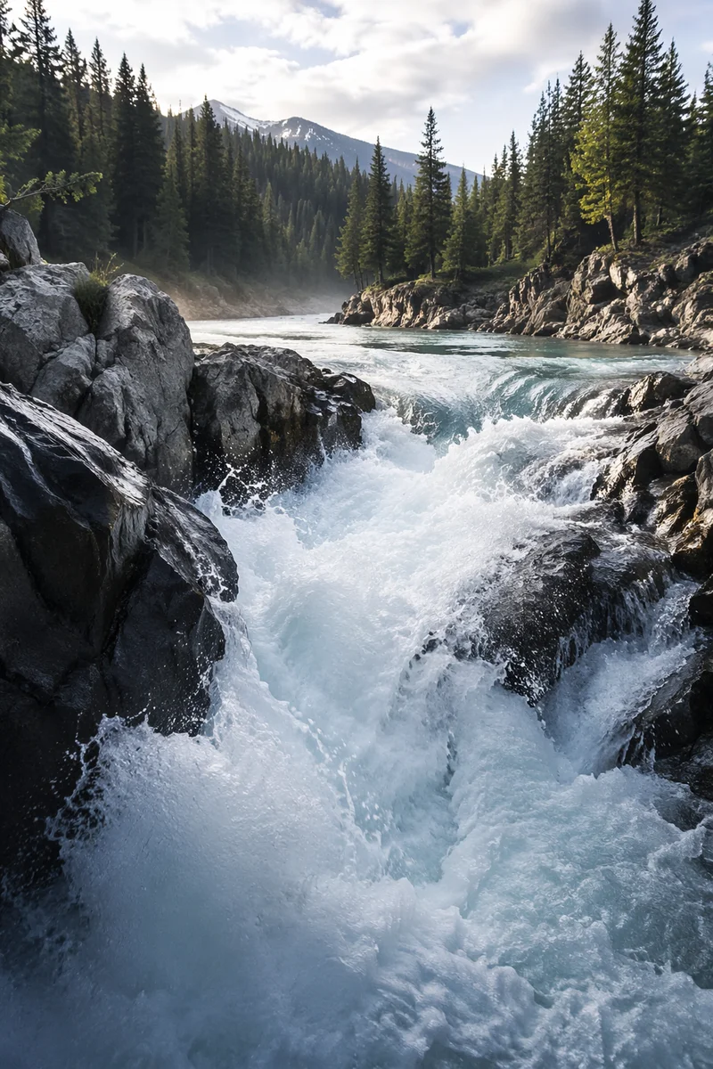 Mountain River Rapids Through Granite Rocks