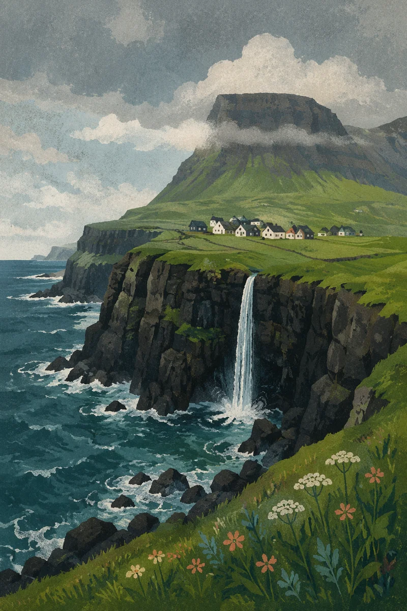 Dramatic Basalt Coast with Waterfall