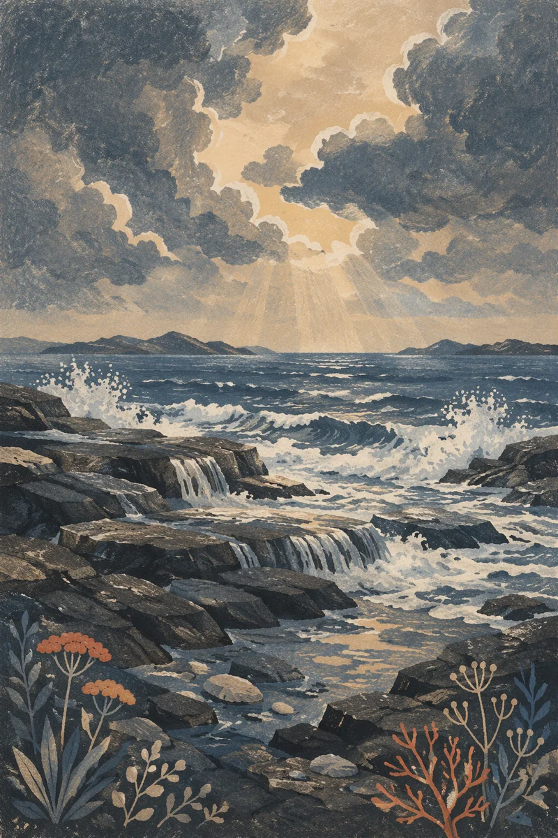 Dramatic Rocky Coastline Under Storm Clouds