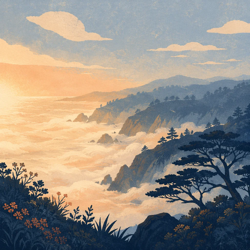 Sunrise Fog Over Rugged Coastal Cliffs