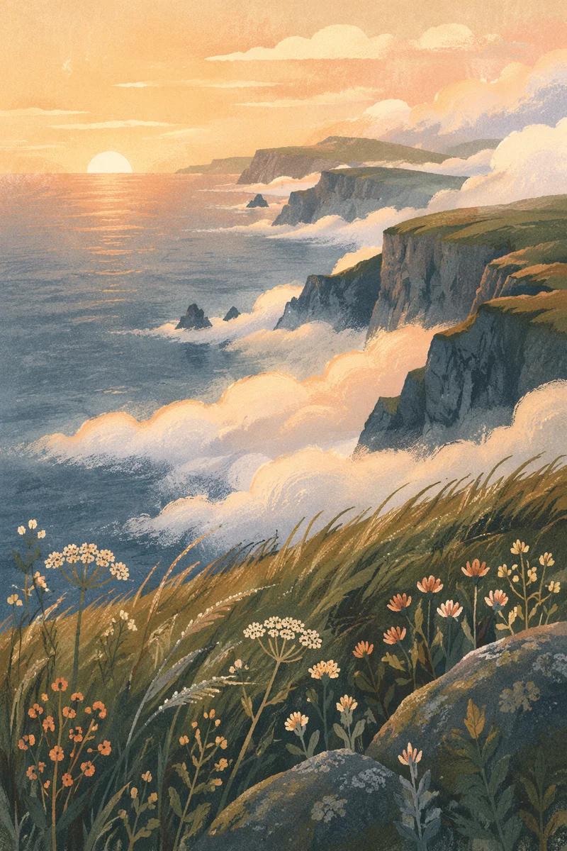 Sunrise Fog Over Coastal Cliffs