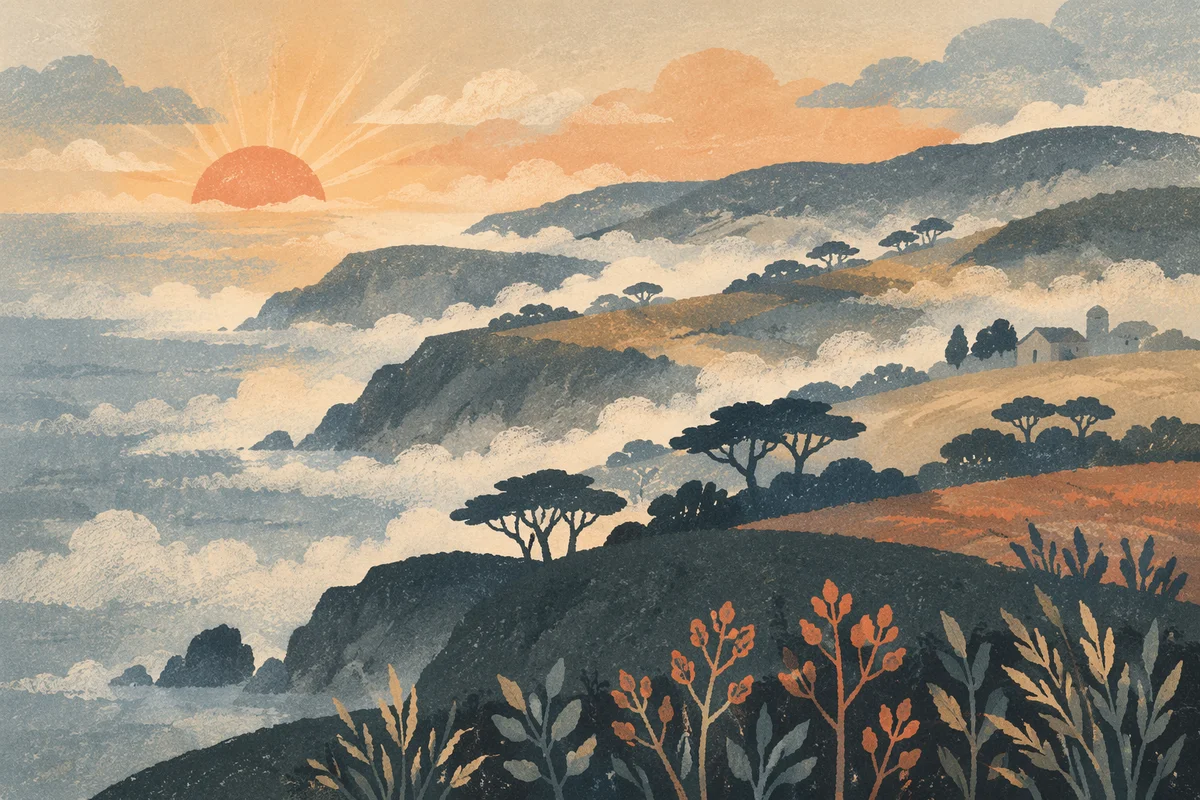 Sunrise Fog Over Layered Coastal Cliffs