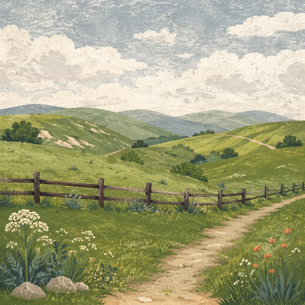 Rolling Green Pasture Hills with Fence