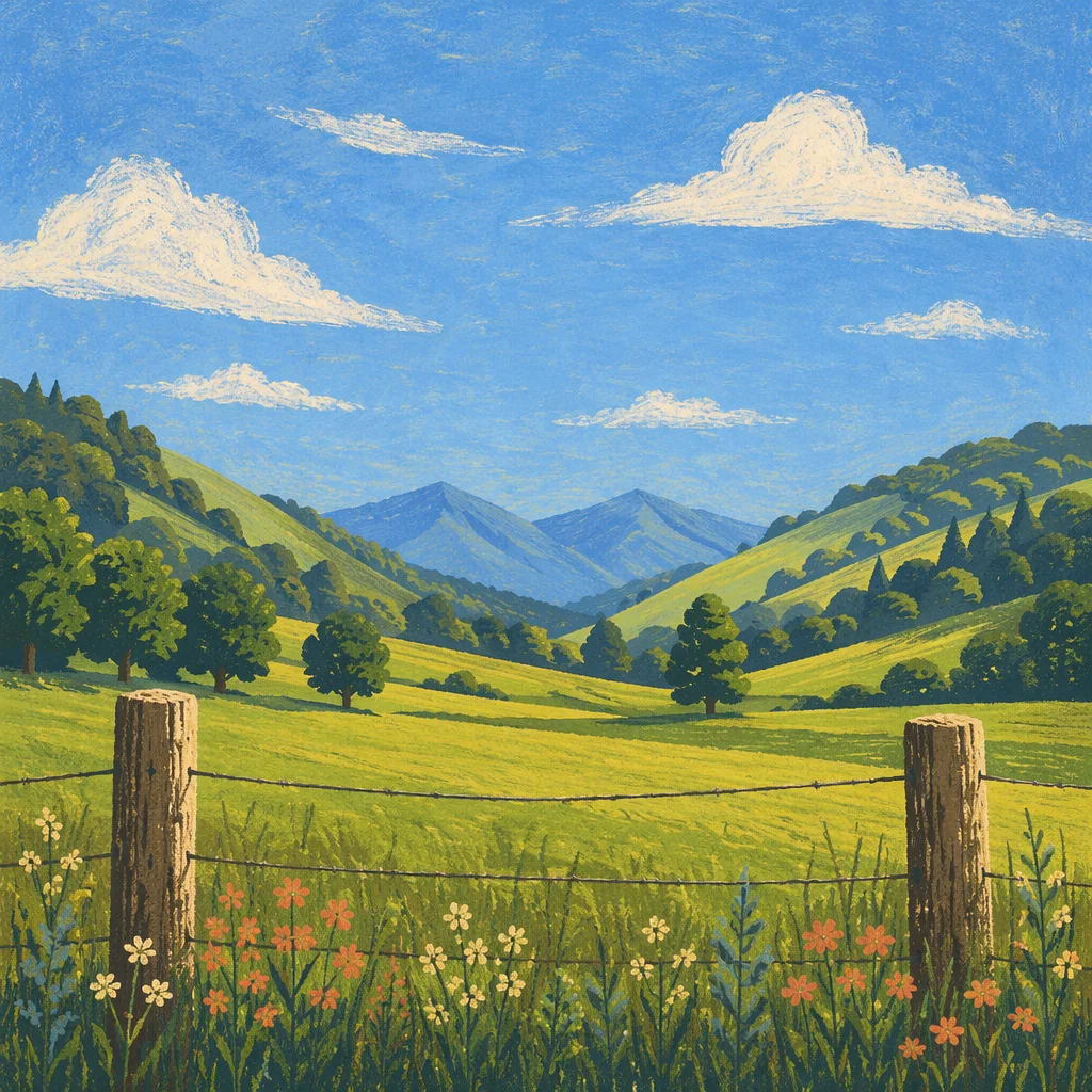 Rolling Green Hills Beyond Weathered Fence