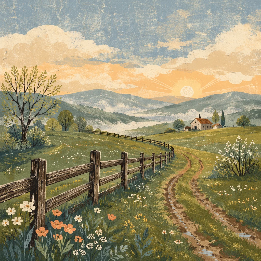 Rolling Green Hills and Rustic Fence