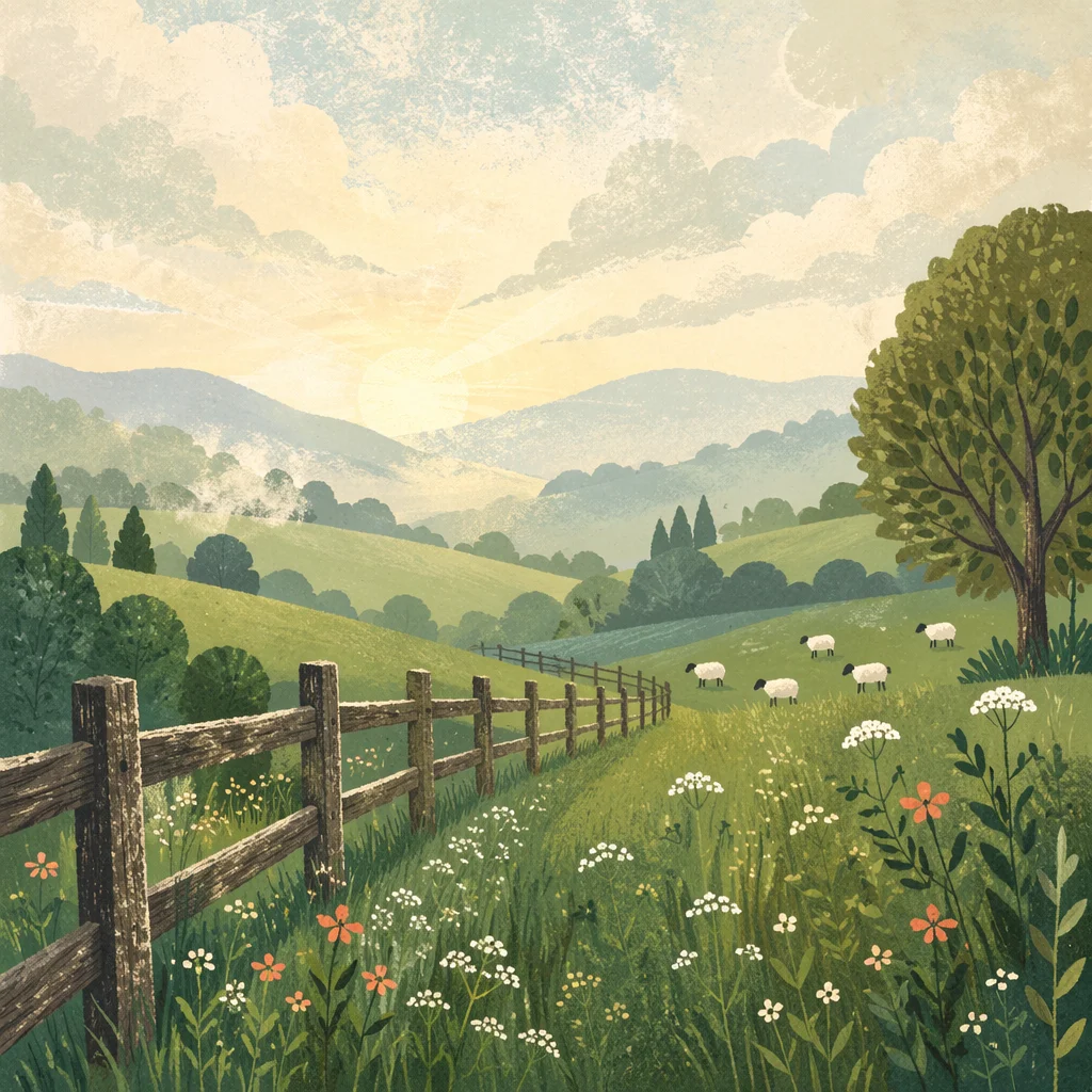 Rolling Green Hills with Rustic Fence