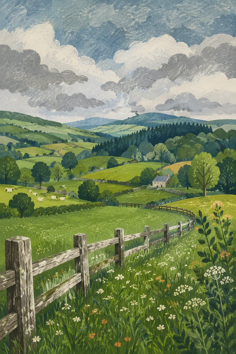 Rolling Green Pasture Hills With Rustic Fence