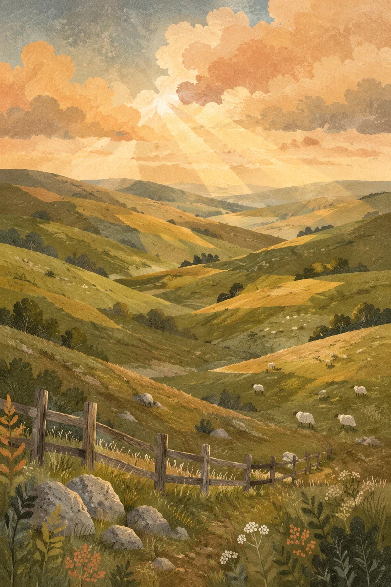 Rolling Green Hills with Weathered Fence