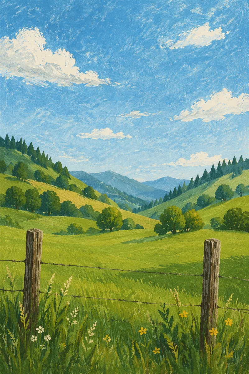 Rolling Green Hills Beyond Rustic Fence