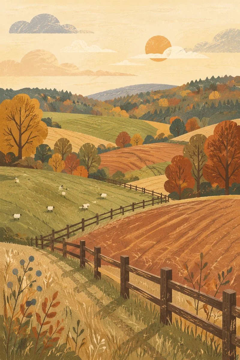 Rolling Green Hills with Rustic Fence