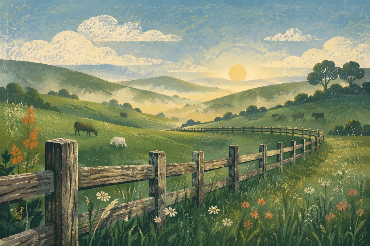 Rolling Green Hills with Rustic Fence