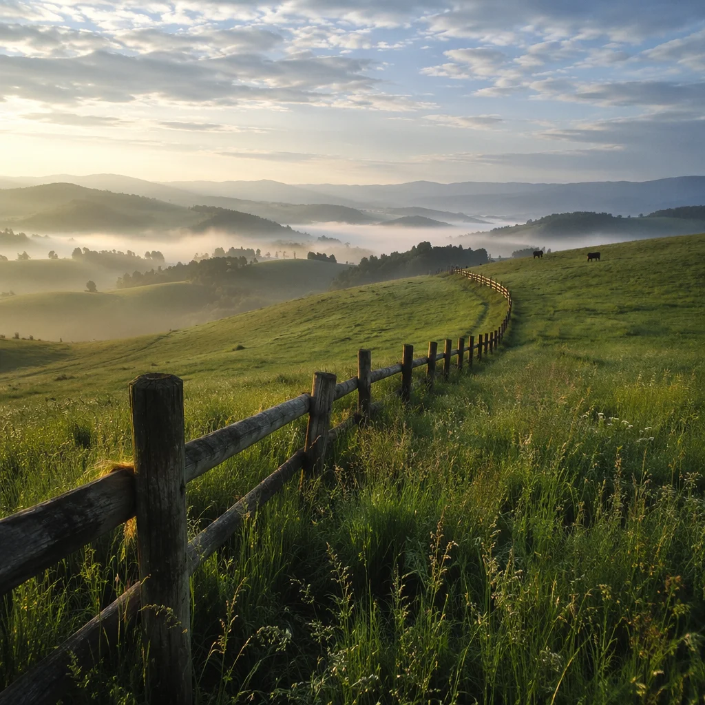 Rolling Green Hills with Rustic Fence Line