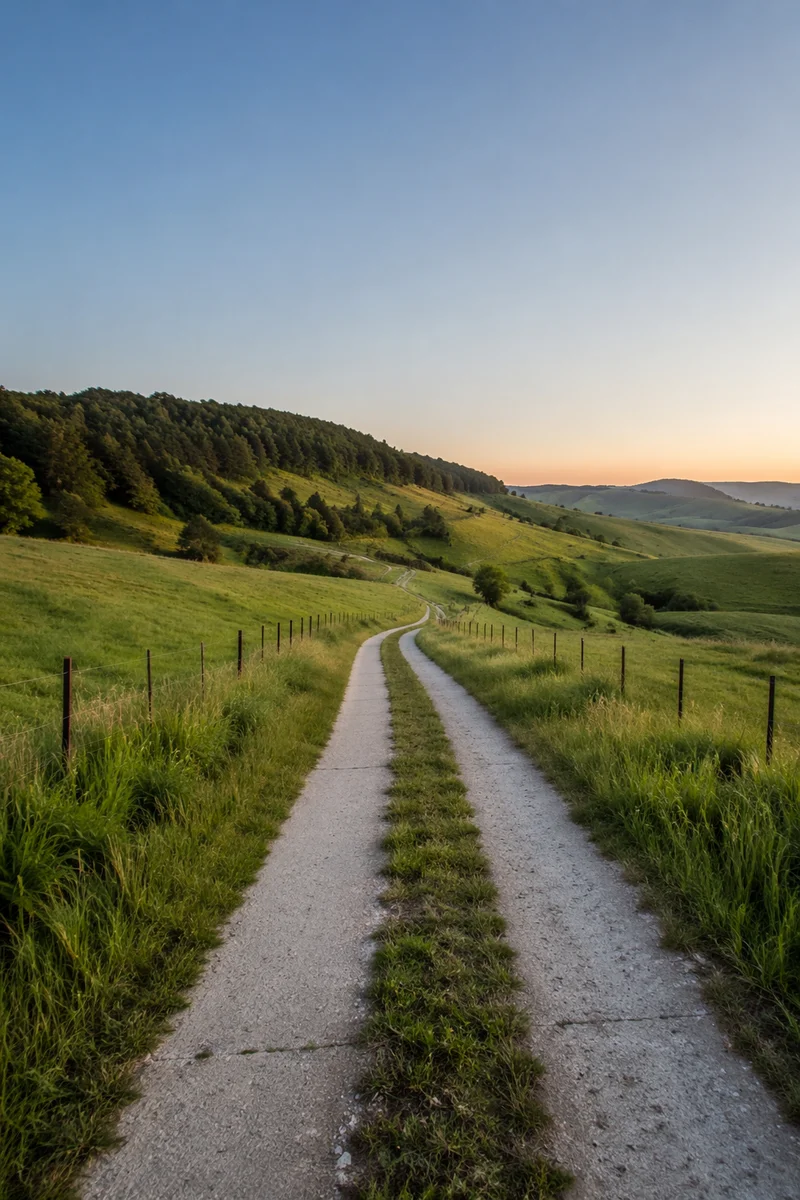 Rolling Green Hills Along Rural Farm Lane