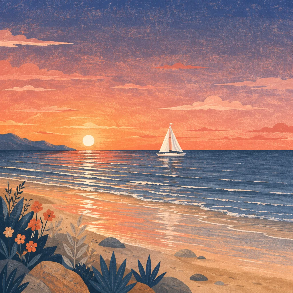 Peaceful Sailboat Ocean Sunset Shoreline