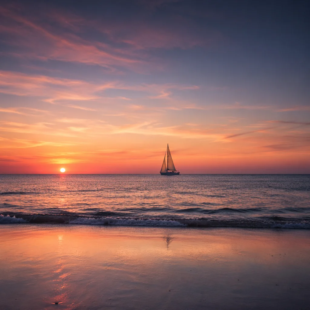 Peaceful Sailboat at Ocean Sunset