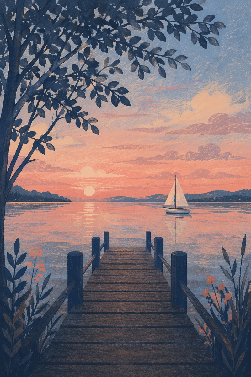 Sailboat on Calm Lake at Sunset