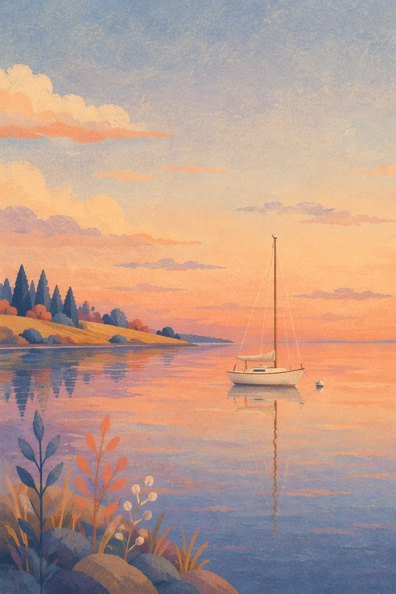 Sailboat on Calm Lake at Sunset
