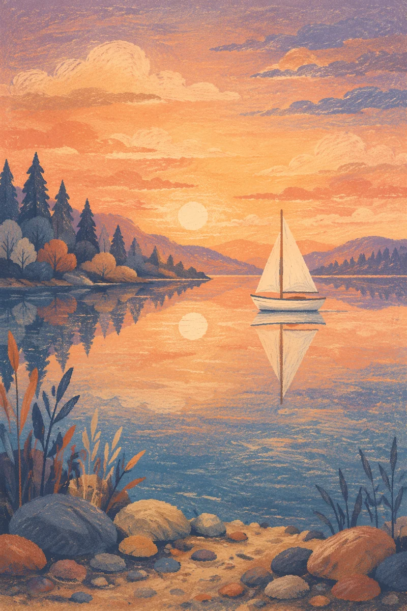 Solitary Sailboat at Sunset on Calm Lake