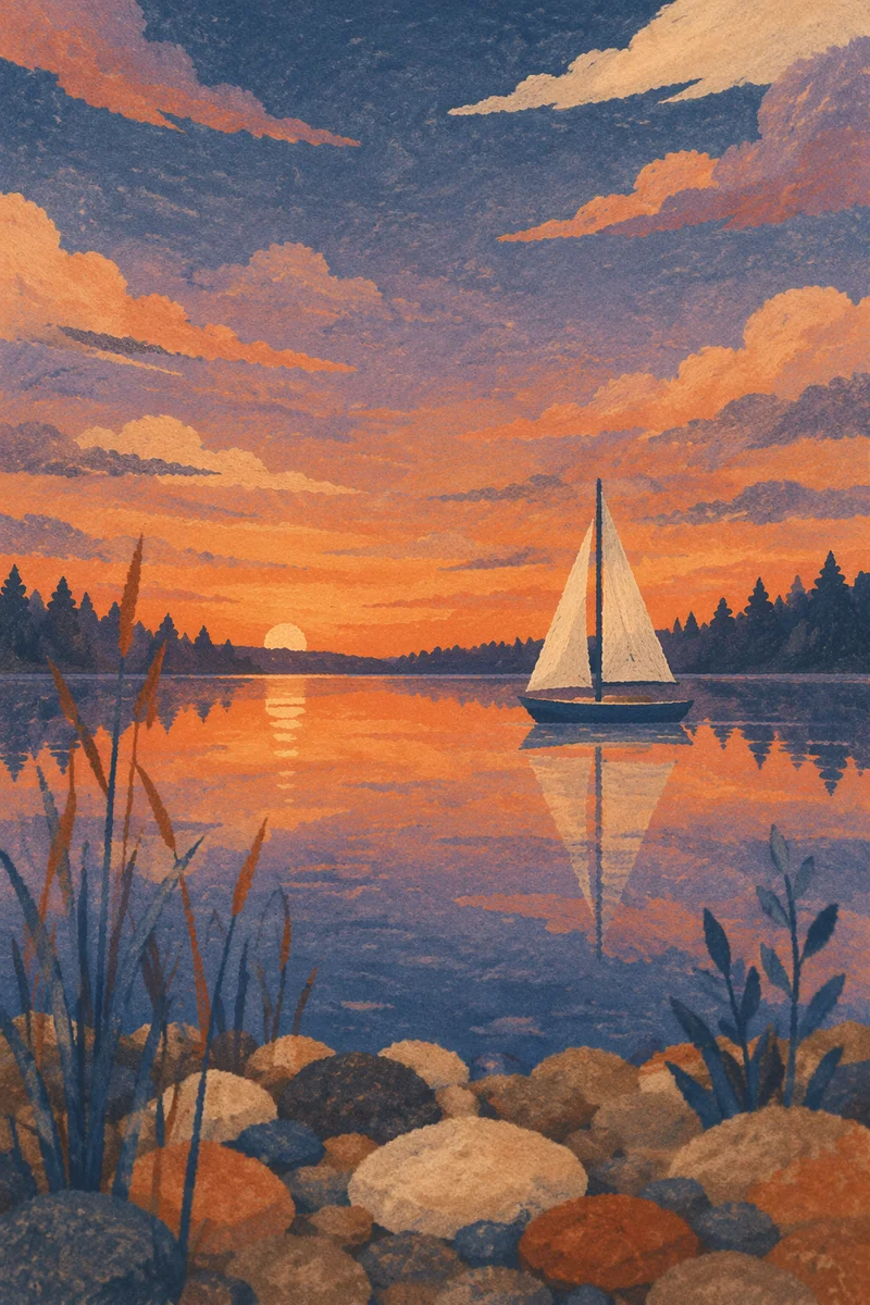 Solitary Sailboat on Calm Sunset Lake