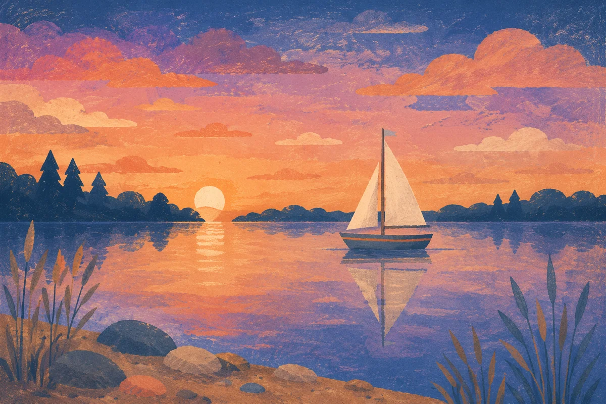 Sailboat on Calm Lake at Sunset