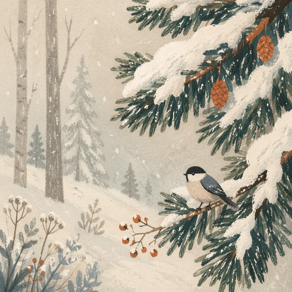 Snow Covered Pine Branches in Winter Forest