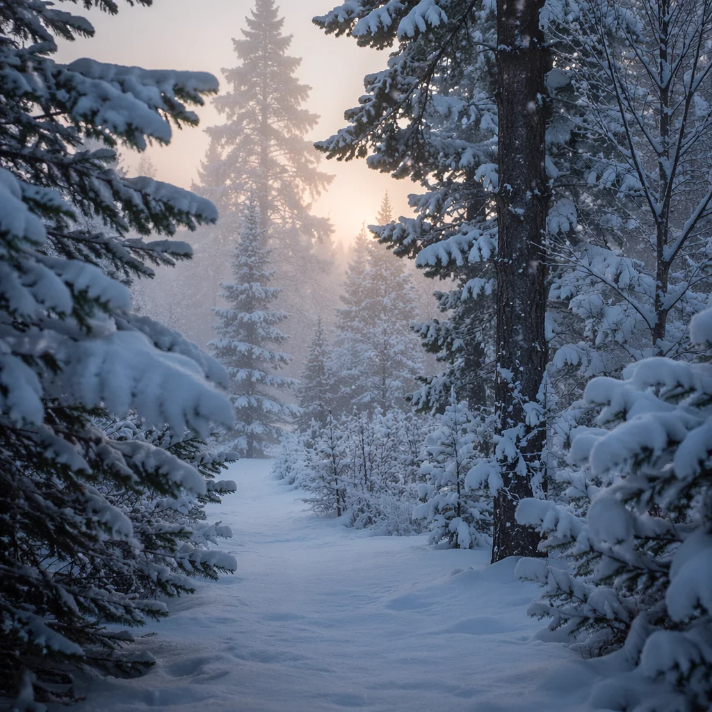 Snow Covered Pine Forest at Blue Hour