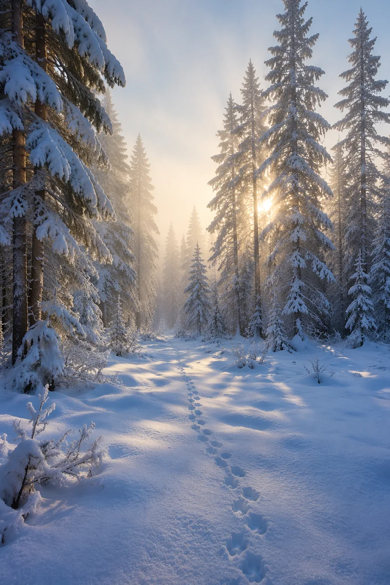 Snow Covered Pine Trees at Sunrise