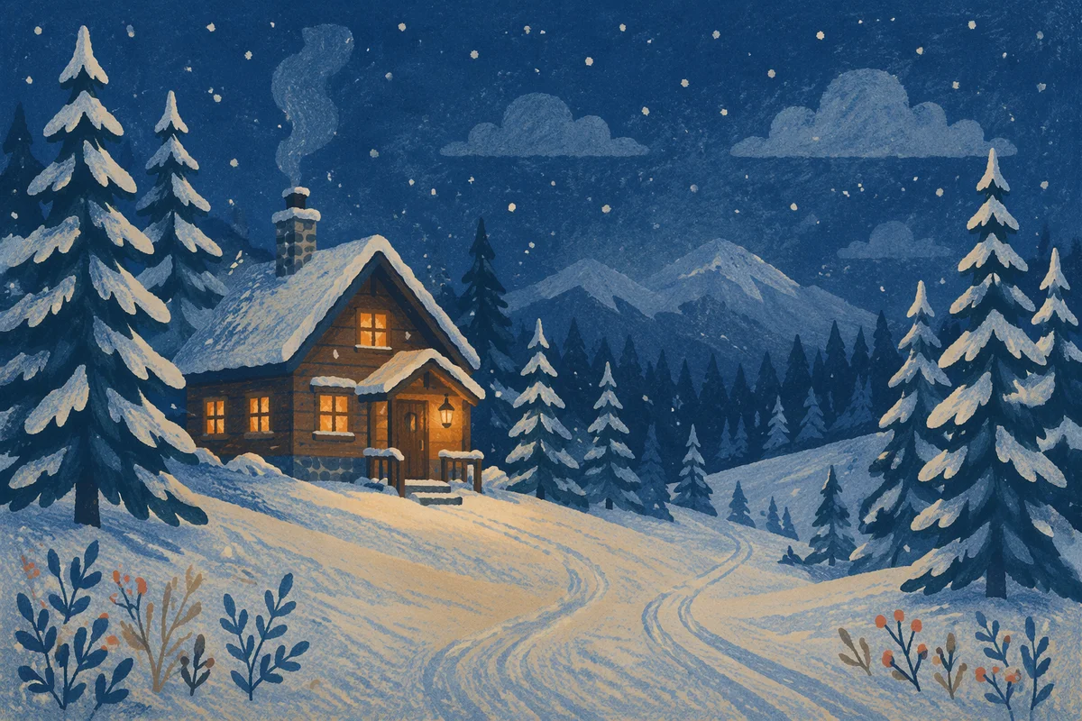 Quiet Snowfall Over Evergreen Mountain Cabin
