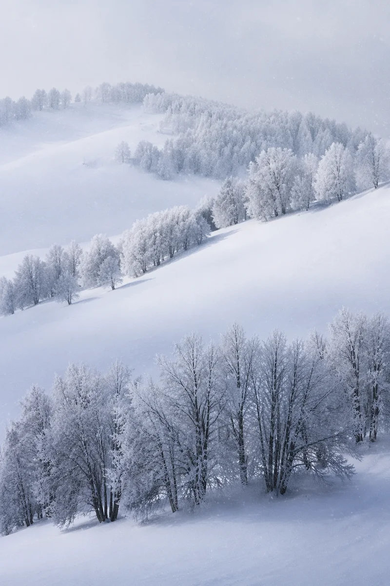 Peaceful Snowfall Over Frosted Winter Trees