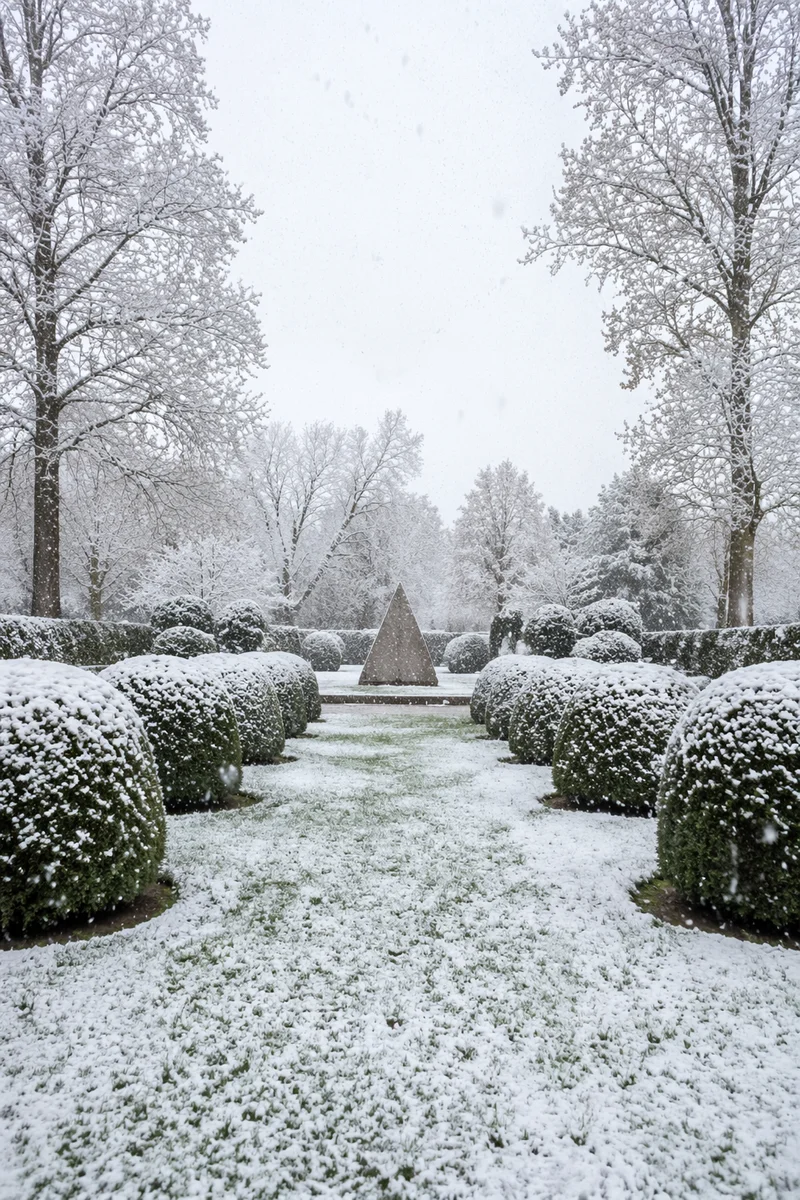 Peaceful Snowfall Garden with Winter Trees