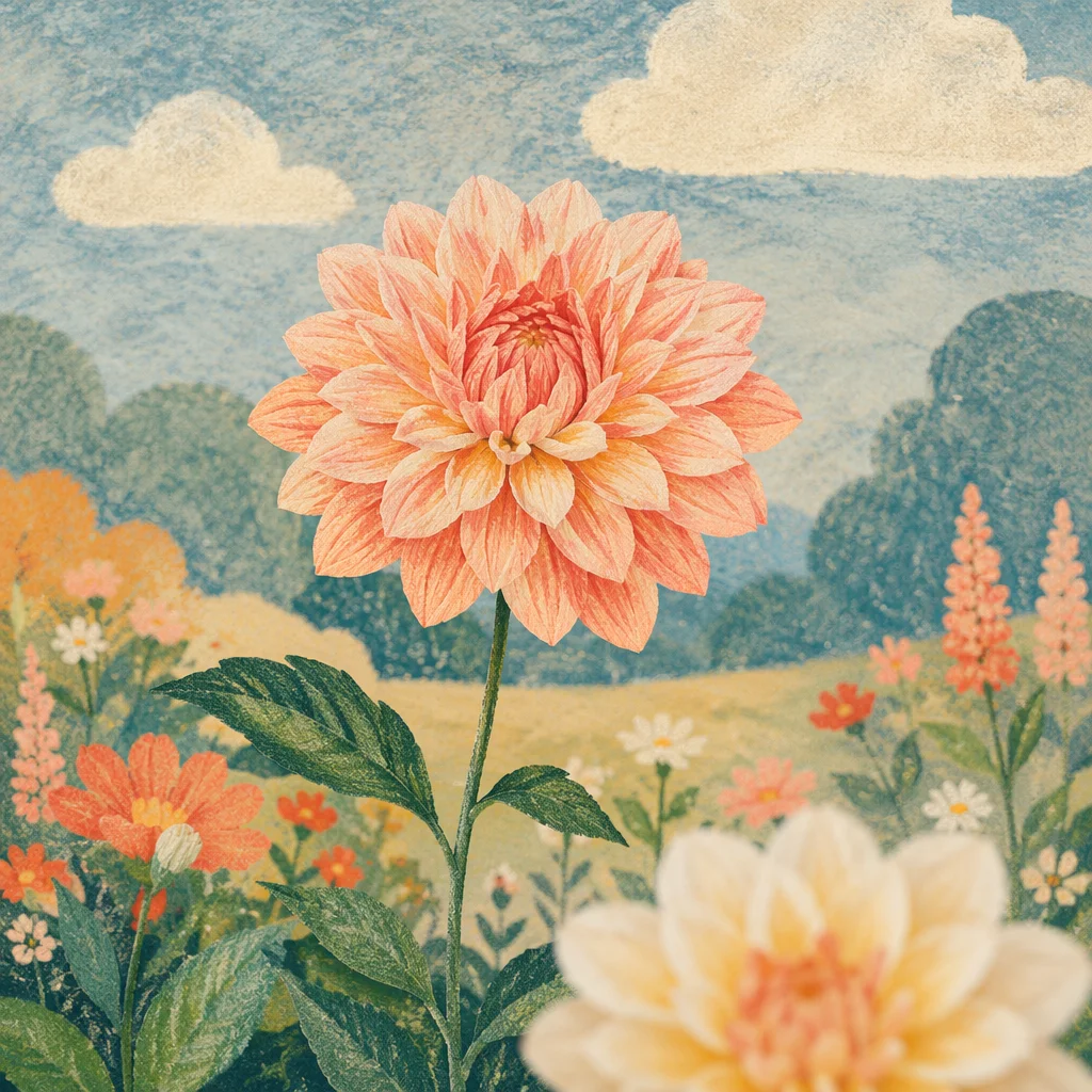 Peach Dahlia in Peaceful Spring Garden