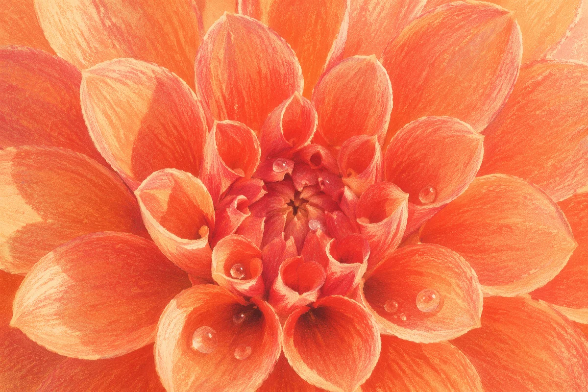 Coral Dahlia Bloom with Morning Dew